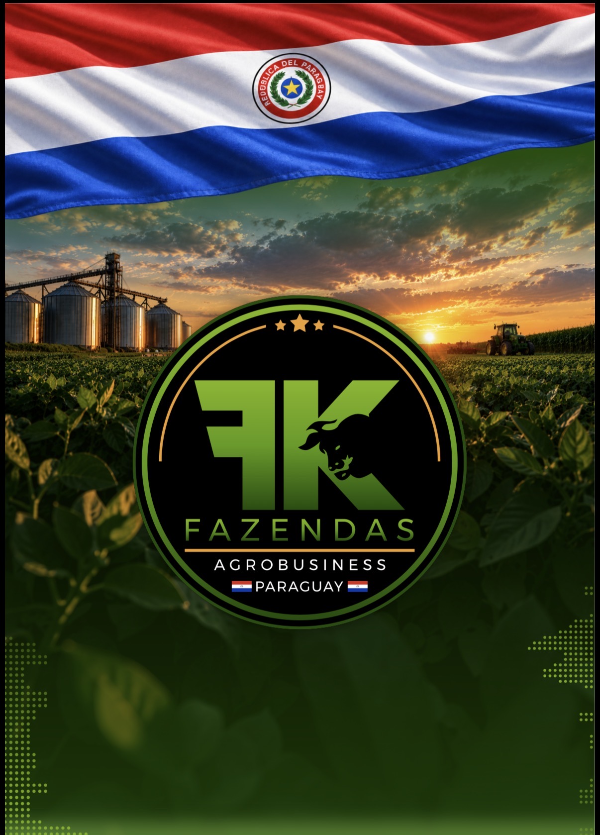 Capa oficial de FK Fazendas: bandera de Paraguay sobre campo de cultivo al atardecer, con el emblema circular FK Fazendas Agrobusiness Paraguay