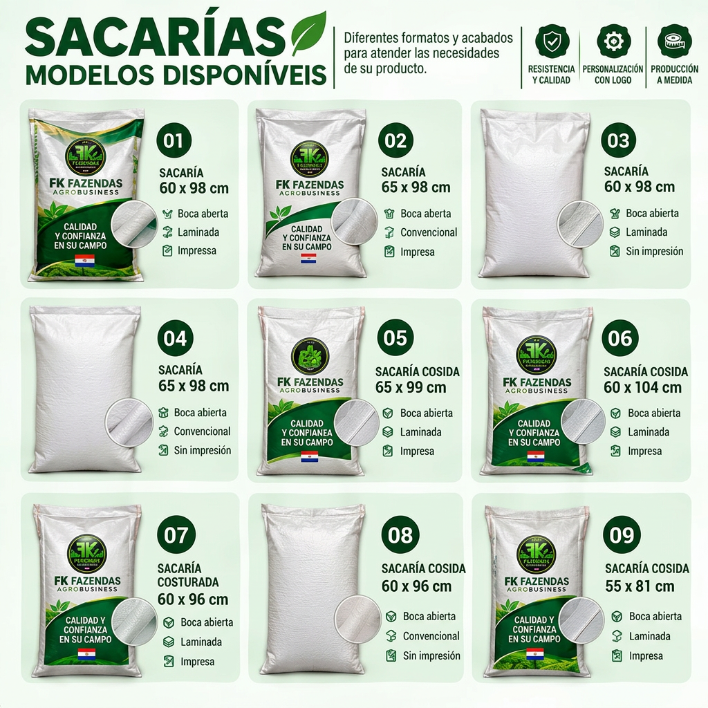 Mostrario completo de modelos de sacarías de FK Fazendas